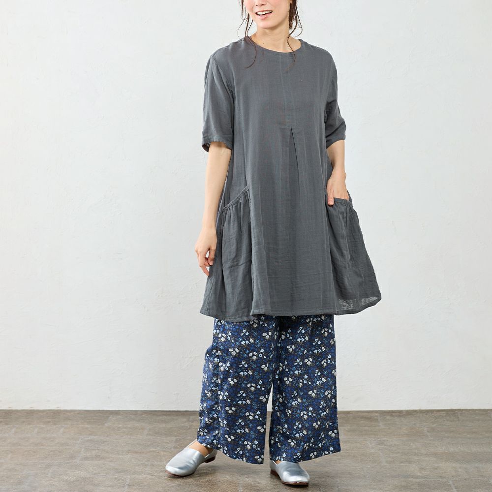 ４５R インディゴ染め ダブルガーゼ チュニック Live in comfort チュニック リブ イン コンフォート 着るほどに