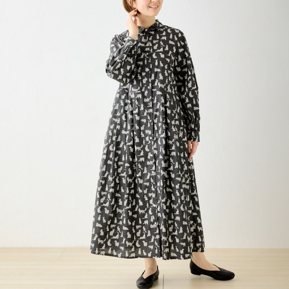 リバティプリント　シャツワンピース 楽天市場】シャツ衿前開きワンピース（マロリー）モノトーン 別注